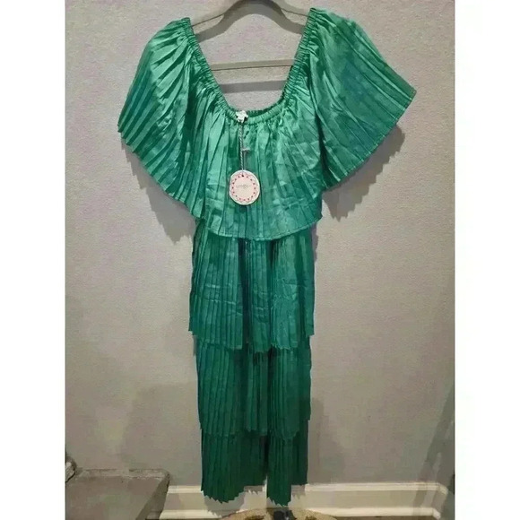 Umgee Women's Off-Shoulder Pleated Layered Dress S Emerald Green Fairy Goddess - Picture 4 of 5